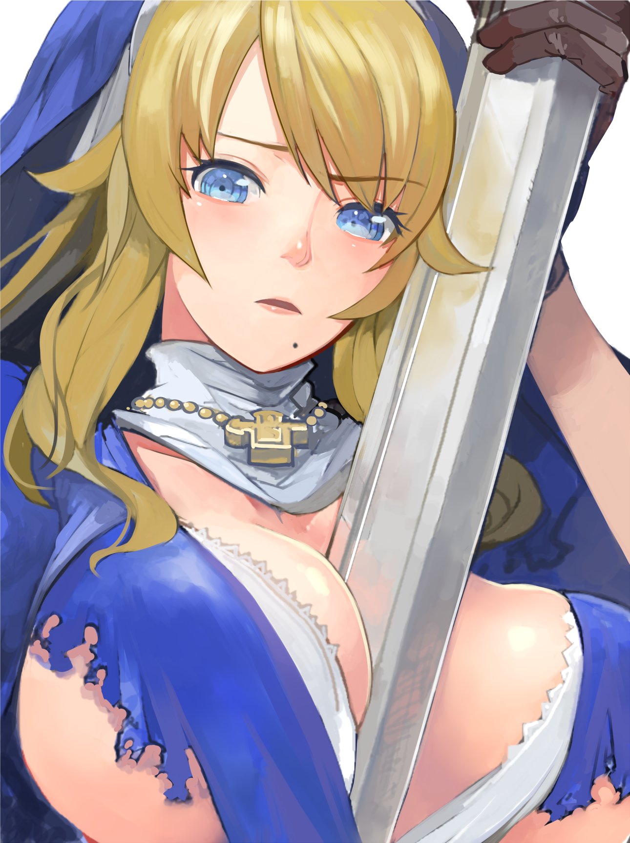 1girl between_breasts blonde_hair blue_eyes breasts cross habit highres huge_breasts large_breasts long_hair mole mole_under_mouth nun pupps queen's_blade queen's_blade_rebellion raised_eyebrow revision sigui_(queen's_blade) solo torn_clothes underboob upper_body