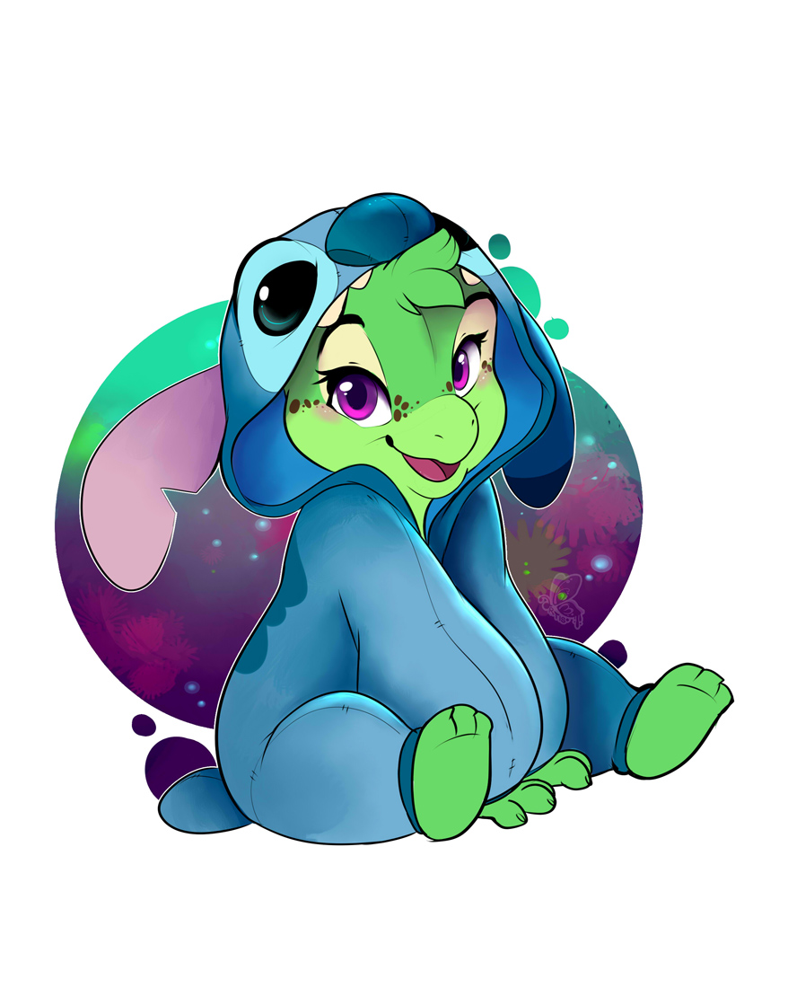 2018 3_toes 4_fingers blush claws clothing cosplay disney eyebrows female fingers freckles fur green_body green_fur green_hair hair hoodie lilo_and_stitch looking_at_viewer madshy purple_eyes reptile scalie sitting small_tail smile solo stitch_(lilo_and_stitch) suit teeth toes topwear turtle