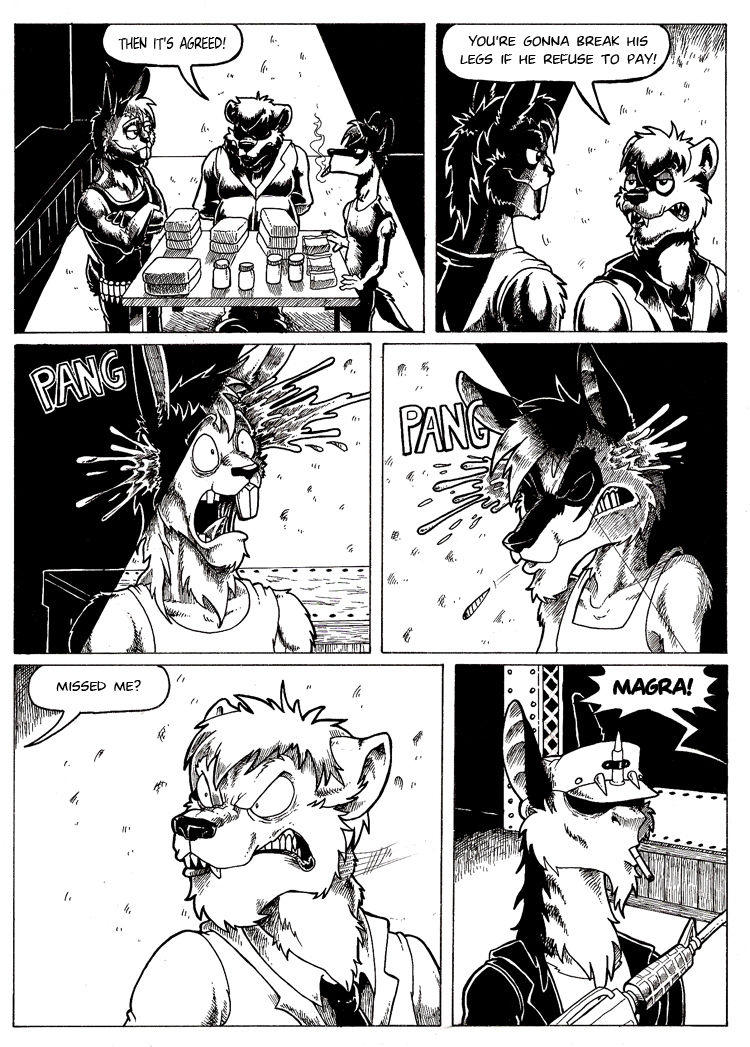 aardwolf angry anthro badger black_and_white blood bodily_fluids bullet_wound business_suit canid canine canis cigarette cigarette_in_mouth clothing clusterskulls cocaine comic comic_page coyote crate death dialogue drugs ear_piercing ear_ring english_text eyes_hidden gore group gun headshot heroin heroine hyaenid killing lagomorph leporid magra_(clusterskulls) male mammal marijuana monochrome mullet mustelid musteline piercing rabbit ranged_weapon rifle smoking smoking_tobacco smoking_weed sniper_rifle speech_bubble spotlight suit text warehouse weapon