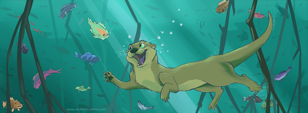 2014 brown_body brown_fur bubble feral fish fur group light lighting lutrine mammal marine mustelid open_mouth open_smile smile sophiecabra text underwater url water whiskers