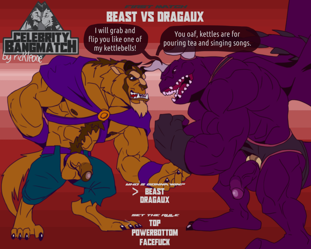 5:4 animated barazoku beast_(disney) celebrity_bangmatch celebritybangmatch clothing comic competition disney dragaux dragon genitals himbo horn humanoid_genitalia humanoid_penis male monster muscular nintendo penis rickleone ring_fit_adventure scalie sexfight sexual_competition shirt short_playtime swole tank_top topwear versus video_games