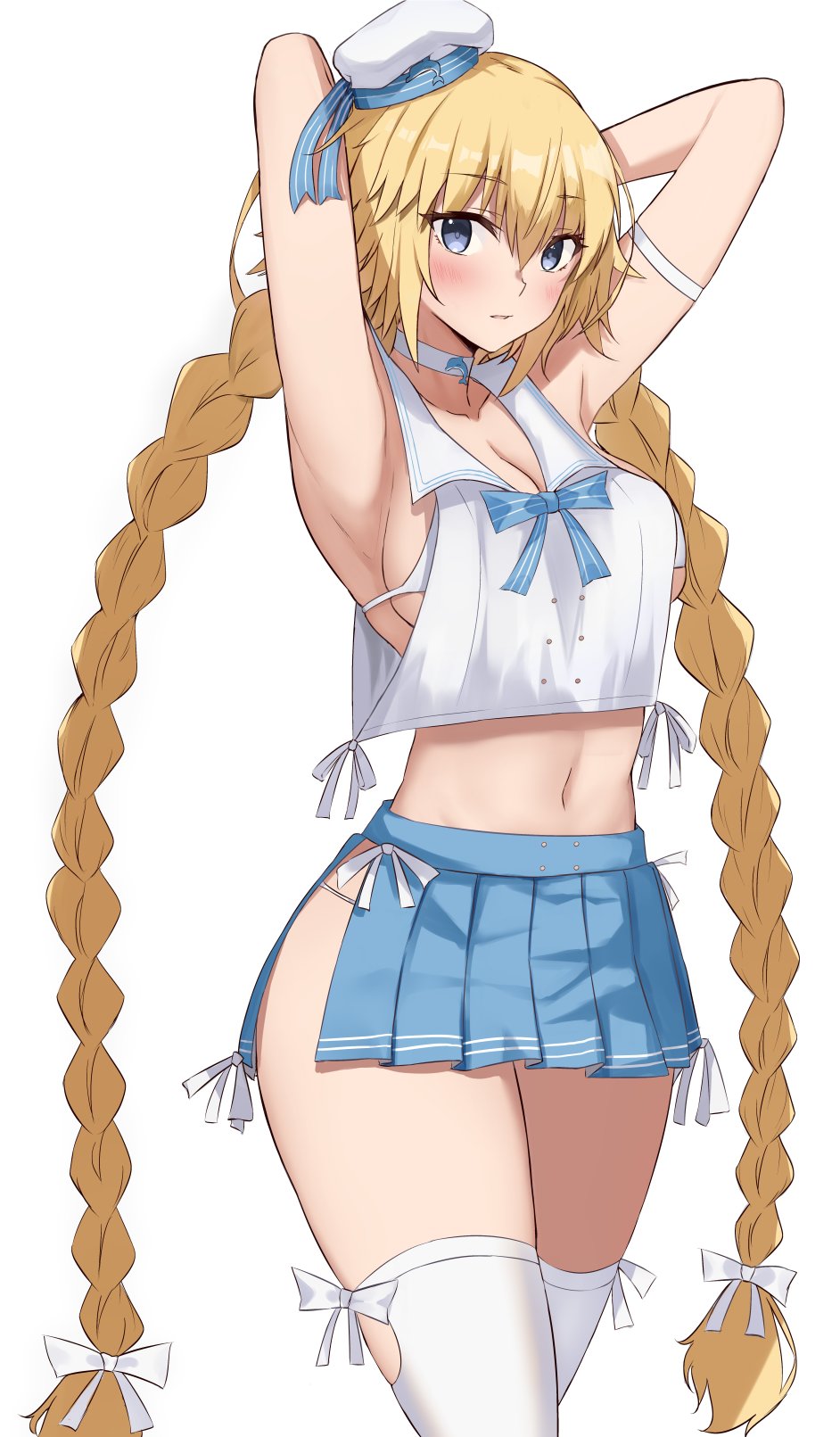 1girl akatsuki_ikki armpits arms_behind_head arms_up bangs bare_shoulders blonde_hair blue_eyes blue_skirt blush braid breasts choker crop_top crop_top_overhang fate/apocrypha fate/grand_order fate_(series) gloves hat highres jeanne_d'arc_(fate) jeanne_d'arc_(fate)_(all) large_breasts long_hair looking_at_viewer midriff mystery_treasure navel sailor_collar skirt twin_braids very_long_hair white_gloves
