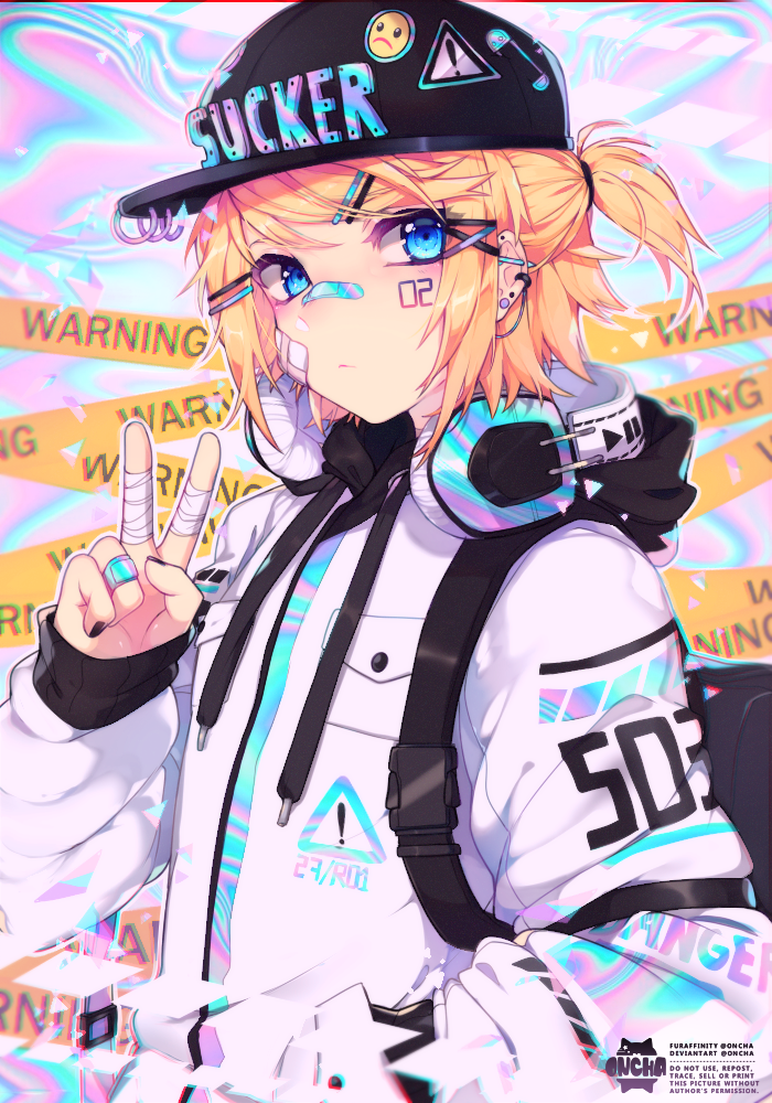 1girl :&lt; backpack bag bandages bandaid bandaid_on_cheek bandaid_on_finger bandaid_on_nose baseball_cap black_headwear black_nails blonde_hair blue_eyes caution_tape ear_piercing emoji english_text fingernails hair_ornament hairclip hat headphones headphones_around_neck hood hood_down hoodie iridescent kagamine_rin mazamuno number number_tattoo piercing pocket safety_pin short_hair short_ponytail sign simple_background sleeves_past_wrists smiley_face snap-fit_buckle tattoo v vocaloid warning_sign watermark white_hoodie x_hair_ornament