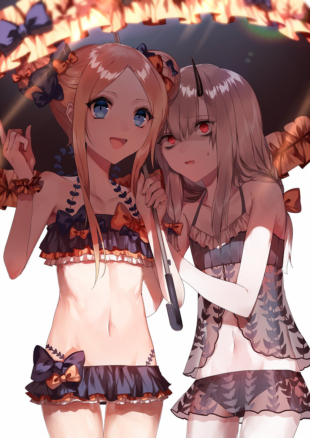 2girls abigail_williams_(fate/grand_order) black_bow blonde_hair bow fate/grand_order fate_(series) fuuna_(conclusion) hair_bow highres horns lavinia_whateley_(fate/grand_order) long_hair multiple_girls open_mouth orange_bow simple_background single_horn smile swimsuit umbrella white_background white_hair
