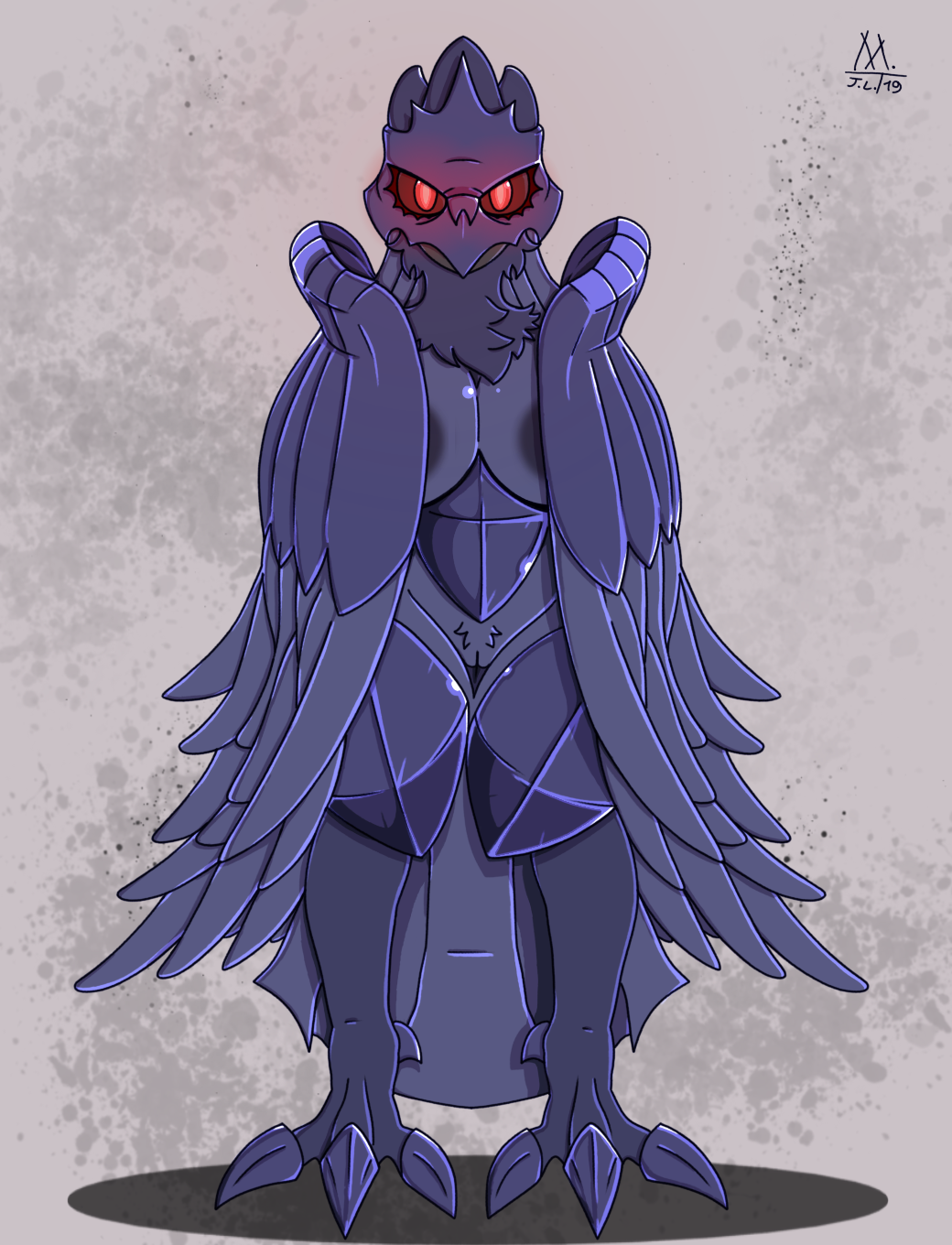 2019 anthro avian bird black_body black_feathers breasts corvid corviknight crotch_tuft feathered_wings feathers female front_view full-length_portrait genitals glowing glowing_eyes hi_res looking_at_viewer meatboom nintendo non-mammal_breasts oscine passerine pok&eacute;mon pok&eacute;mon_(species) portrait pussy red_eyes solo standing tuft video_games wings