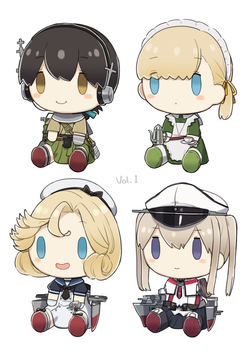 :o bangs black_hair blonde_hair blush_stickers capelet character_doll cup doll dress eyebrows_visible_through_hair graf_zeppelin_(kantai_collection) hair_ribbon hat headphones headset highres janus_(kantai_collection) japanese_clothes kantai_collection kasuga_maru_(kantai_collection) long_hair maid_headdress military military_uniform no_humans open_mouth peaked_cap ponytail ribbon rigging sailor_collar sailor_dress shin'you_(kantai_collection) short_hair simple_background smile taiyou_(kantai_collection) teapot twintails uniform white_background yamashiki_(orca_buteo)