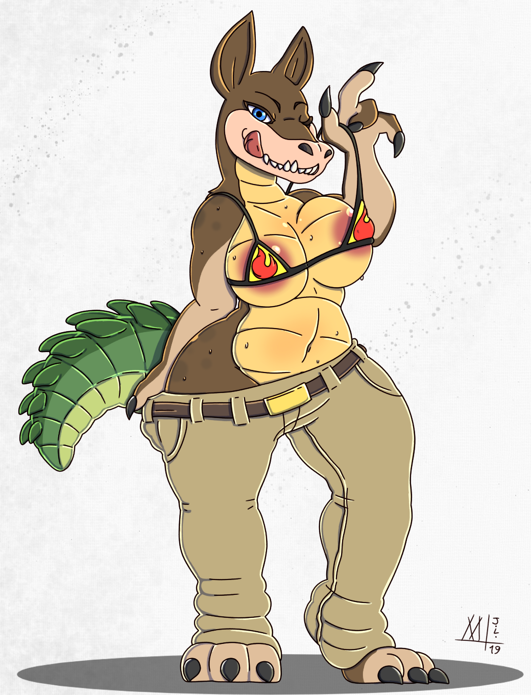 2019 activision anthro areola areola_slip belt bikini bikini_pull bikini_top bottomwear breasts canid canine canis clothing crash_bandicoot_(series) crocodile crocodilian crocodylid crossgender dingo dingodile female front_view full-length_portrait hi_res hybrid licking licking_lips licking_own_lips looking_at_viewer mammal meatboom mtf_crossgender one_eye_closed pants pants_pull portrait reptile scalie self_lick slightly_chubby solo standing swimwear tongue tongue_out undressing video_games wink