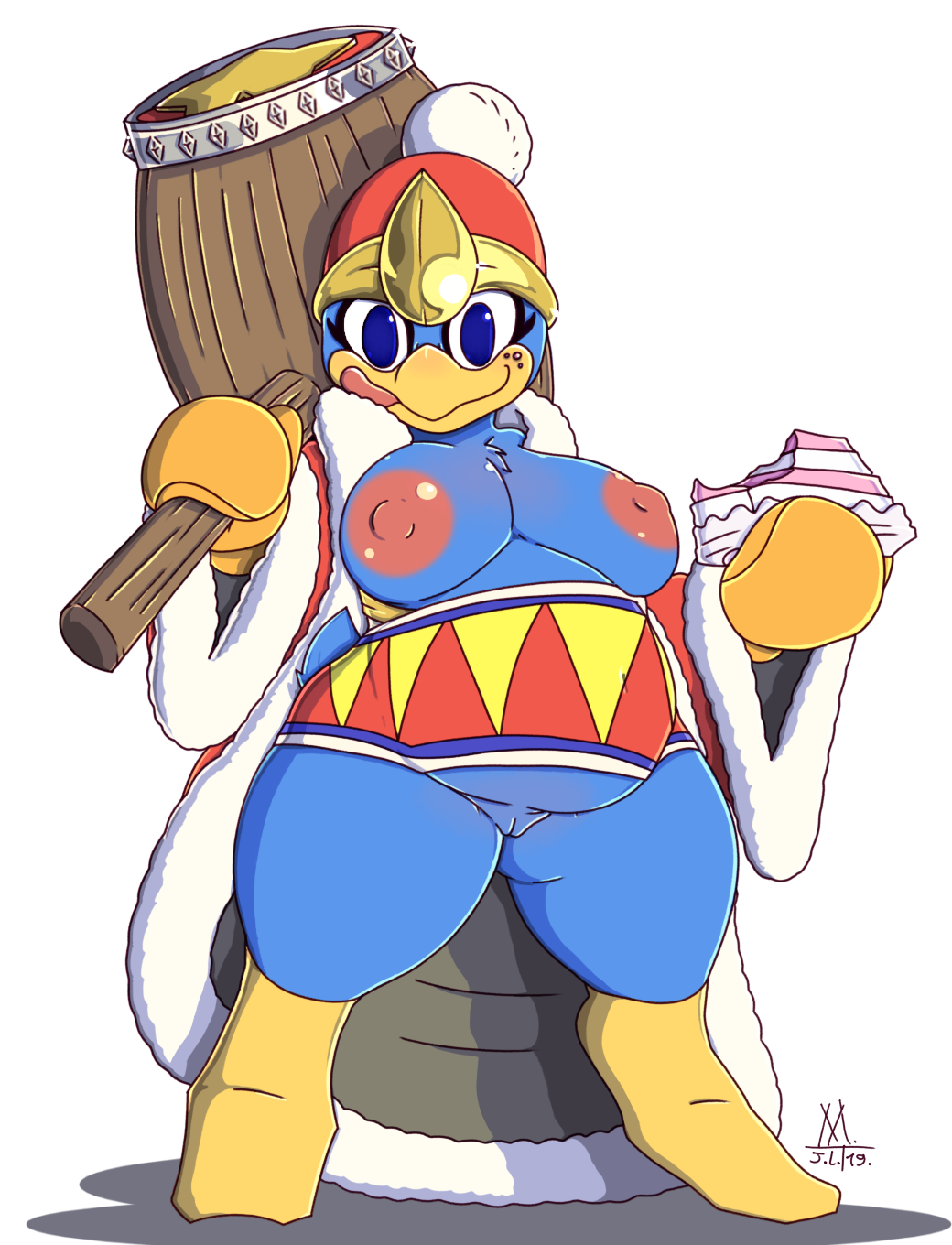 2019 alpha_channel anthro avian beak belly bird bottomless breasts clothed clothing crossgender female front_view full-length_portrait genitals hammer hat headgear headwear hi_res holding_hammer holding_object holding_weapon king_dedede kirby_(series) licking licking_lips licking_own_lips meatboom mtf_crossgender nintendo nipples non-mammal_breasts overweight overweight_anthro overweight_female penguin portrait pussy self_lick simple_background solo standing tongue tongue_out tools transparent_background video_games weapon