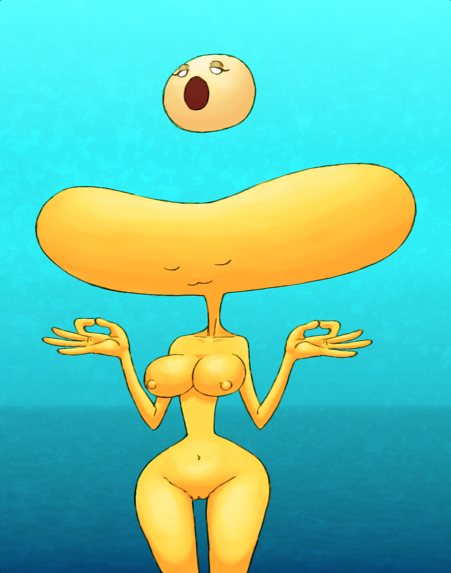 2020 big_breasts big_head bombola_(shirtbusters) breasts duo duo_focus eyes_closed female for_a_head genitals group humanoid meditating meditation nipples nude object_head open_mouth pussy shirtbusters small_waist tagme unknown_species wide_hips yellow_body yellow_skin