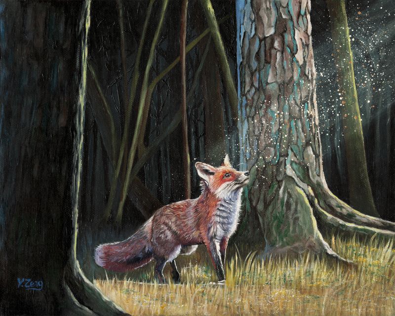 5:4 ambiguous_gender canid canine feral forest fox fur grass mammal oil_painting_(artwork) orange_body orange_fur outside painting_(artwork) realistic red_fox solo traditional_media_(artwork) tree yuezeng-mn