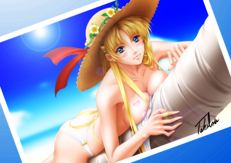1girl areolae blonde_hair blue_eyes blush border bra bra_removed breast_press breasts commentary_request eyebrows_visible_through_hair flower hat hat_flower hat_ribbon heart heart_tattoo lens_flare long_hair looking_at_viewer lying nipples on_stomach panties photo_(object) ribbon sharon_(words_worth) signature solo straw_hat sun sun_hat takatan tattoo topless tree_trunk underwear white_border white_panties words_worth