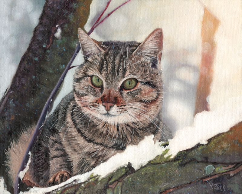 5:4 ambiguous_gender domestic_cat felid feline felis feral fur green_eyes grey_body grey_fur mammal oil_painting_(artwork) outside painting_(artwork) realistic snow solo traditional_media_(artwork) tree whiskers yuezeng-mn