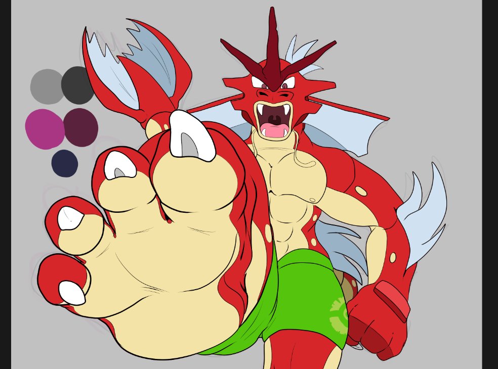 4_toes abs ambiguous_gender anthro clothing flat_colors foot_focus green_clothing grey_background gyarados hindpaw imminent_stomp low-angle_view nintendo open_mouth paws pecs pillarbox pok&eacute;mon pok&eacute;mon_(species) randytheartdog red_body shiny_pok&eacute;mon simple_background soles solo swimming_trunks swimwear toes video_games worm's-eye_view