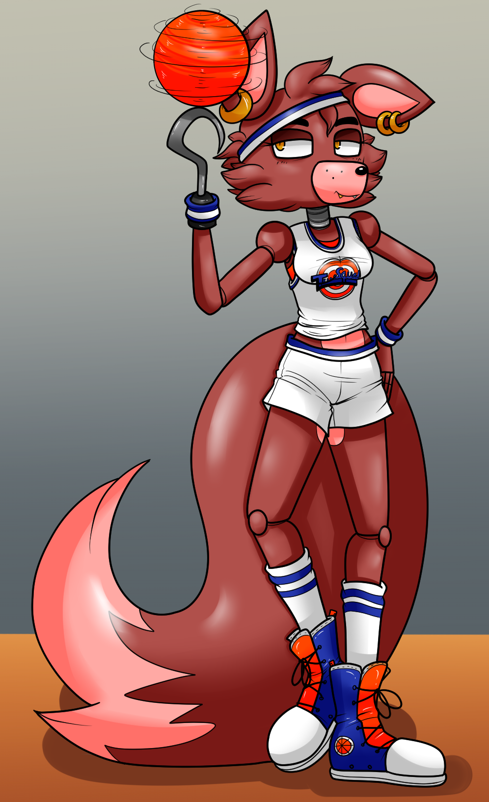 2019 accessory alternate_costume animatronic anthro ball basketball bottomwear breasts canid canine cheek_tuft clothing crossgender ear_piercing eyebrows facial_tuft fangs female five_nights_at_freddy's footwear fox foxy_(fnaf) fur hair half-closed_eyes head_tuft headband hi_res hook machine mammal narrowed_eyes piercing red_body red_fur robot shoes shorts snax space_jam standing tuft video_games warner_brothers yellow_eyes