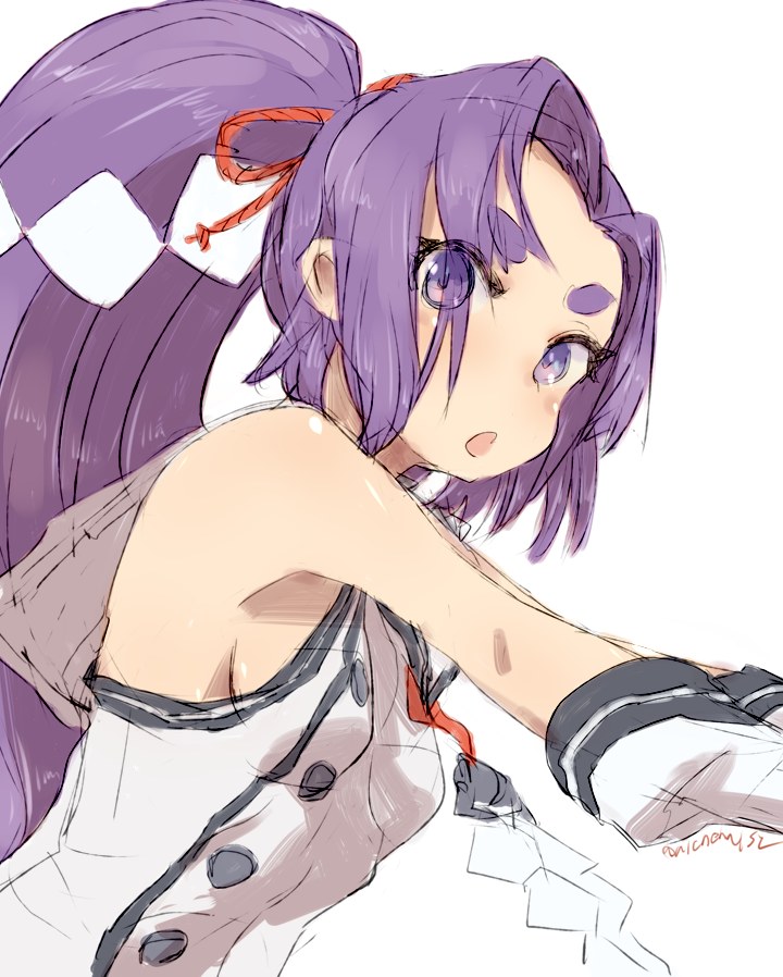 1girl alchera chestnut_mouth dress gloves hatsuharu_(kantai_collection) kantai_collection long_hair looking_at_viewer ponytail purple_eyes purple_hair remodel_(kantai_collection) sailor_dress shide simple_background sleeveless sleeveless_dress solo thick_eyebrows white_background white_gloves