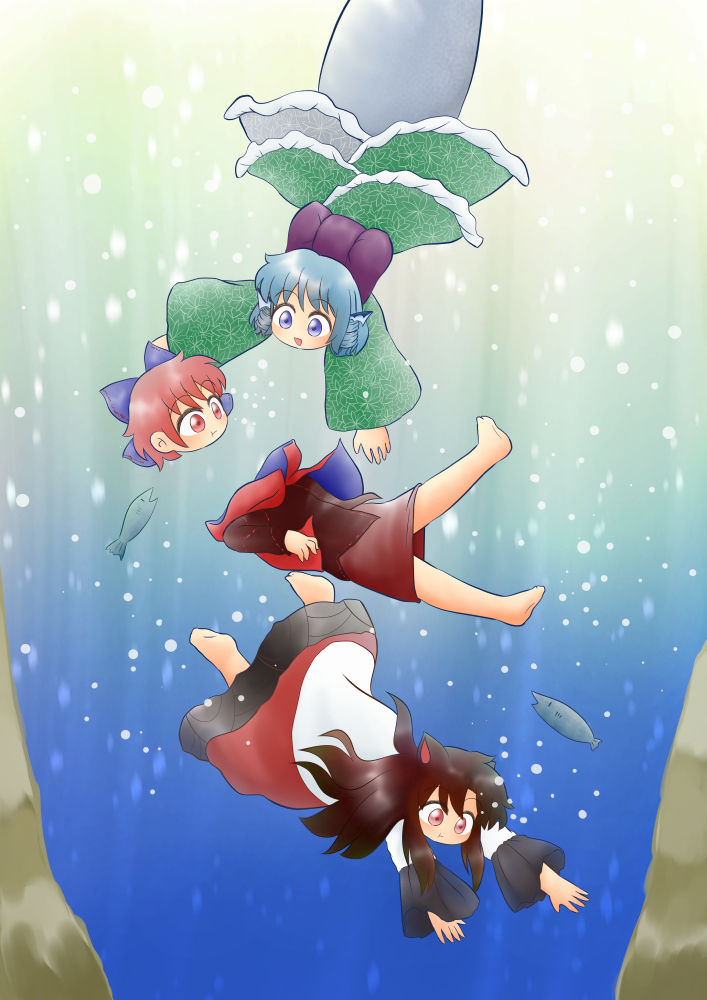 3girls :t air_bubble animal_ears barefoot blue_eyes blue_hair bow brown_hair bubble cape chibi commentary_request disembodied_head dress drill_hair fish freediving grass_root_youkai_network green_kimono hair_bow head_fins holding_breath imaizumi_kagerou japanese_clothes kimono layered_clothing layered_dress layered_kimono long_hair looking_at_another mermaid monster_girl multiple_girls obi open_mouth outstretched_arms red_cape red_eyes red_hair red_shirt red_skirt sash sekibanki shirt short_hair short_kimono sinking skirt touhou triangle_mouth twin_drills underwater very_long_hair wakasagihime wolf_ears yukimuro
