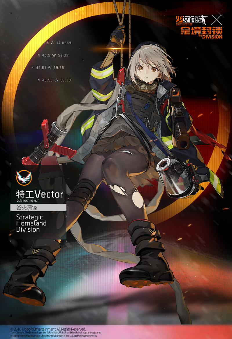 1girl agent_vector_(girls_frontline) aiming_at_viewer alternate_costume boots crossover firefighter gas_mask girls_frontline gloves grapple grey_hair gun hose jacket kriss_vector miniskirt new_york_city_fire_deparment official_alternate_costume official_art shawl short_hair skirt solo submachine_gun thighhighs tom_clancy's_the_division vector_(girls_frontline) watch weapon wristwatch yellow_eyes