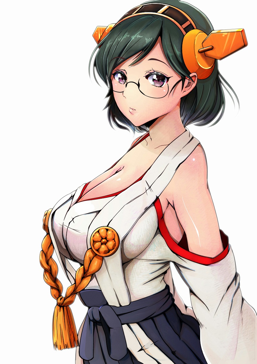 1girl bangs bare_shoulders black_hair black_skirt breasts cleavage eyebrows_visible_through_hair from_side glasses headgear highres japanese_clothes kantai_collection kirishima_(kantai_collection) large_breasts nontraditional_miko purple_eyes rimless_eyewear short_hair simple_background skirt solo swept_bangs white_background zielgigas
