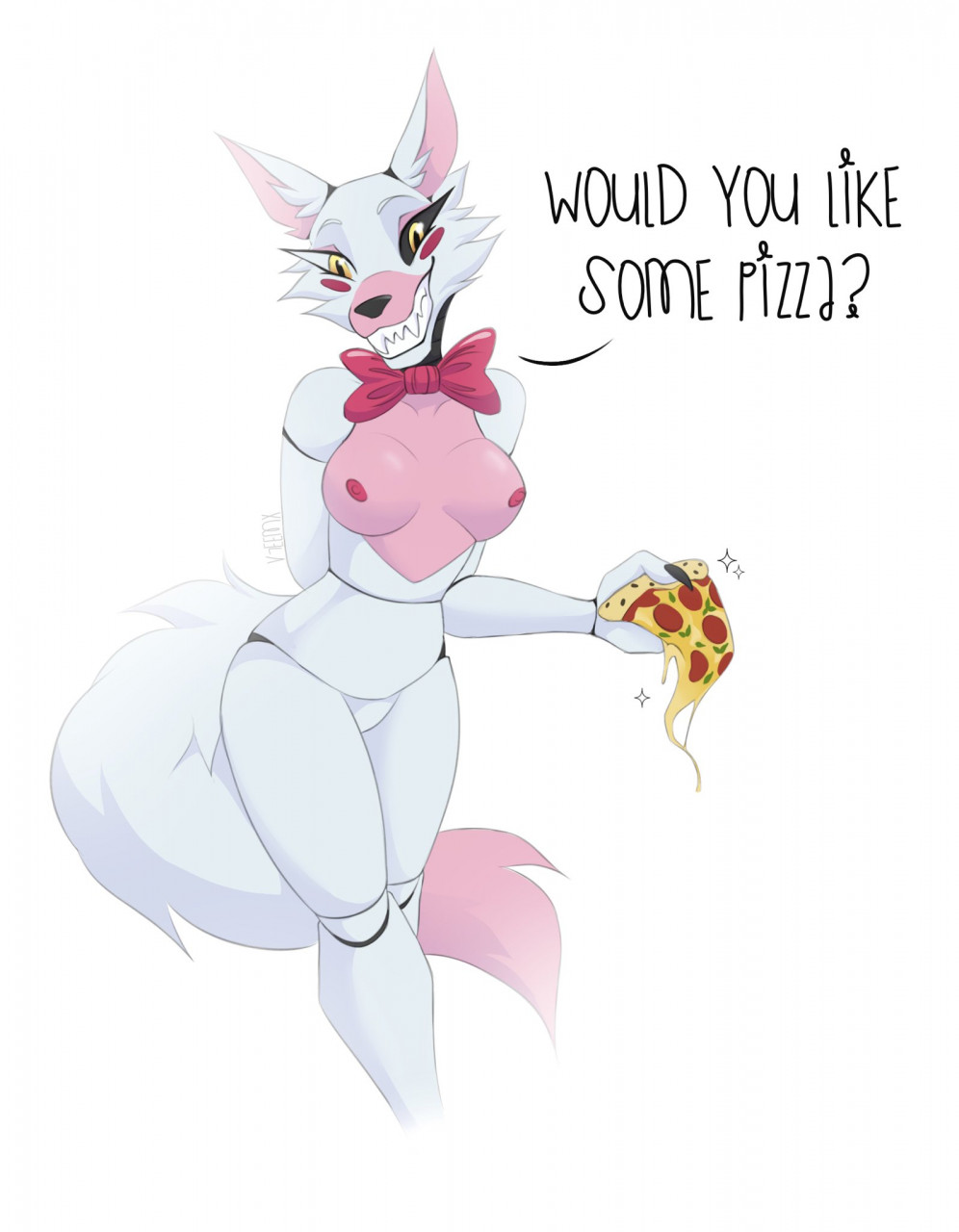 2020 animatronic anthro bow_tie breasts canid canine claws english_text eyebrows featureless_crotch fingers five_nights_at_freddy's five_nights_at_freddy's_2 food fox fur head_tuft hi_res inner_ear_fluff machine mammal mangle_(fnaf) pink_body pink_fur pink_inner_ear pizza red_cheeks robot sharp_teeth smile standing teeth text tuft v7eemx video_games white_body white_fur