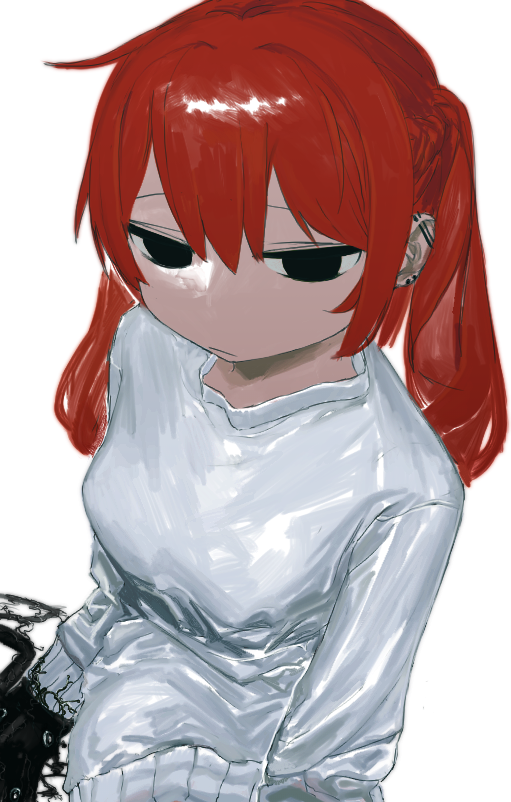 1girl atkm2 black_eyes closed_mouth ear_piercing earrings jewelry long_hair looking_at_viewer original piercing red_hair simple_background solo sweater twintails upper_body white_background white_sweater