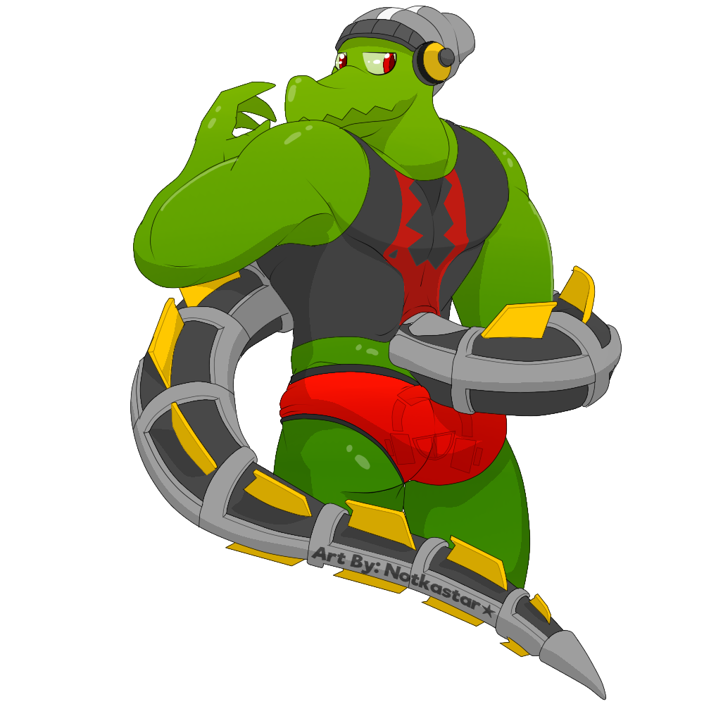 1:1 alpha_channel anthro beanie briefs clothed clothing cybernetics hat headgear headphones headwear latch lethal_league machine male metal_tail muscular muscular_anthro muscular_male notkastar prosthetic reptile scalie signature solo text topwear underwear