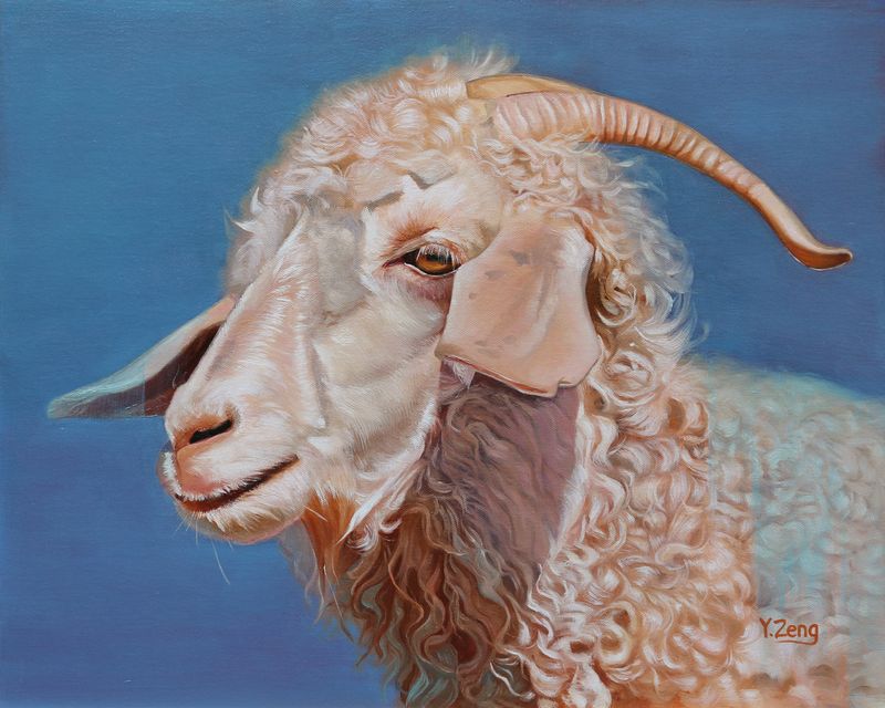 5:4 ambiguous_gender angora_goat bovid caprine domestic_goat feral fur goat horn mammal oil_painting_(artwork) painting_(artwork) realistic solo traditional_media_(artwork) white_body white_fur yuezeng-mn