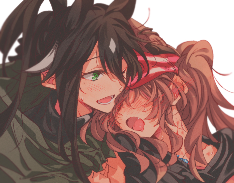 2girls angelina_(arknights) arknights black_hair black_shirt blush brown_hair cloak commentary covered_eyes drooling earpiece english_commentary eyebrows_visible_through_hair fang full-face_blush green_cloak green_eyes hair_between_eyes hairband hickey long_hair meteor_(arknights) mole mole_under_eye multicolored_hair multiple_girls one_eye_closed open_mouth oripathy_lesion_(arknights) ponytail shirt silver_hair simple_background smile srung streaked_hair sweat sweatdrop turtleneck twintails two-tone_hair upper_body white_background yuri