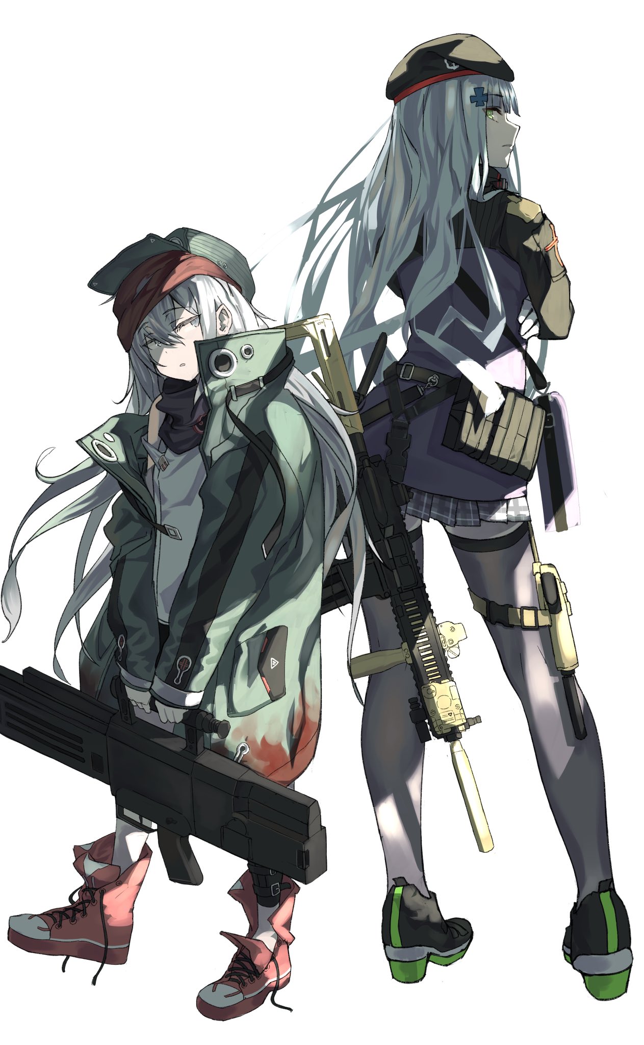 2girls assault_rifle bangs beret commentary_request expressionless eyebrows_visible_through_hair fujita_(condor) full_body g11_(girls_frontline) girls_frontline gloves green_eyes gun h&amp;k_g11 h&amp;k_hk416 hair_between_eyes hair_ornament hat highres hk416_(girls_frontline) holding holding_gun holding_weapon jacket long_hair looking_at_viewer looking_back looking_to_the_side multiple_girls open_clothes open_jacket pleated_skirt red_footwear rifle shirt shoes silver_eyes silver_hair simple_background skirt thighhighs untied_shoes weapon white_background white_gloves