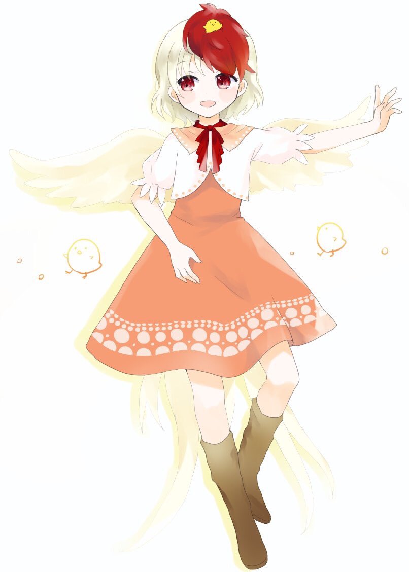 1girl :d animal_on_head bird bird_tail bird_wings blonde_hair blush boots brown_footwear chick commentary_request cropped_shirt dress drop_shadow error full_body looking_to_the_side missing_finger multicolored_hair neck_ribbon niwatari_kutaka on_head oota_jun'ya_(style) open_mouth orange_dress outstretched_arm puffy_short_sleeves puffy_sleeves red_eyes red_hair red_neckwear red_ribbon ribbon shirt short_hair short_sleeves simple_background smile solo standing touhou two-tone_hair umi_(nana_spring) white_background white_shirt wings