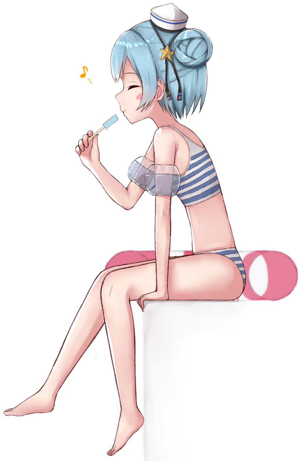 bikini black_ribbon blue_hair closed_eyes dixie_cup_hat double_bun food hair_ornament hat hat_ribbon highres innertube invisible_chair kantai_collection military_hat popsicle profile ribbon samuel_b._roberts_(kantai_collection) short_hair simple_background sitting smile star_(symbol) star_hair_ornament striped striped_bikini swimsuit tiemu_(man190) wariza white_background white_headwear