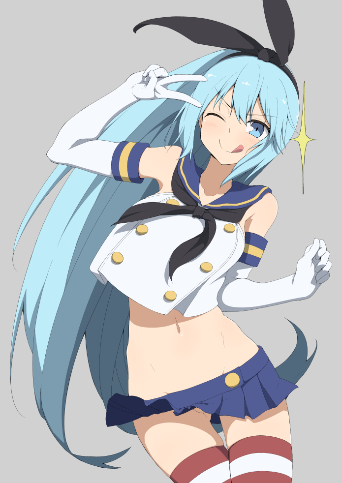 1girl aqua_(konosuba) bangs bare_shoulders black_hairband blue_eyes blue_hair blue_skirt breasts collarbone cosplay elbow_gloves eyebrows_visible_through_hair gloves grey_background hairband kantai_collection kono_subarashii_sekai_ni_shukufuku_wo! long_hair looking_at_viewer miniskirt navel no_panties pussy_peek red_legwear salpin shimakaze_(kantai_collection) shimakaze_(kantai_collection)_(cosplay) shirt simple_background skirt solo thighhighs tongue tongue_out very_long_hair white_gloves white_legwear white_shirt