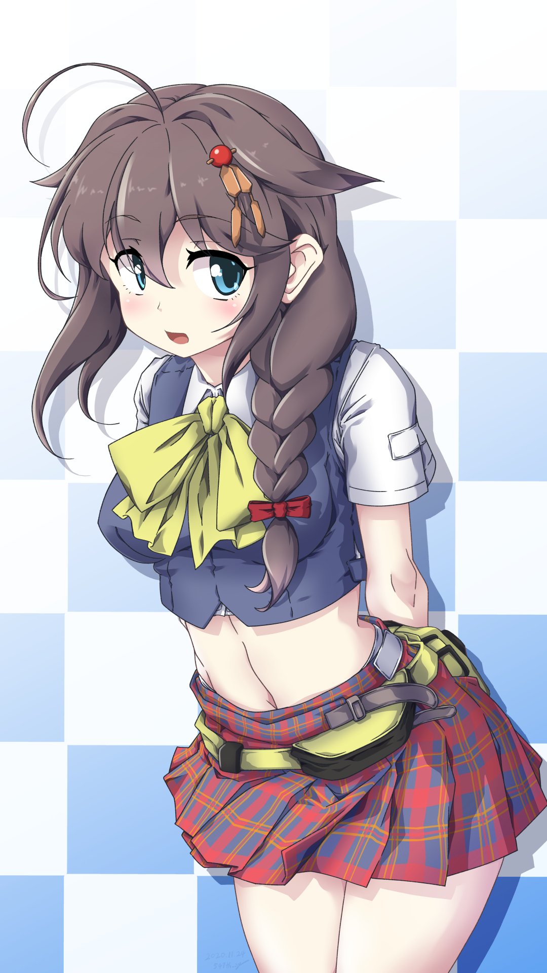 1girl 547th_sy ahoge arms_behind_back belt_bag black_hair blue_eyes blue_vest braid checkered checkered_background commentary_request cowboy_shot crop_top hair_flaps hair_ornament hair_over_shoulder highres kantai_collection leaning_forward midriff navel plaid plaid_skirt pleated_skirt remodel_(kantai_collection) school_uniform serafuku shigure_(kantai_collection) shirt short_sleeves single_braid skirt solo vest white_shirt
