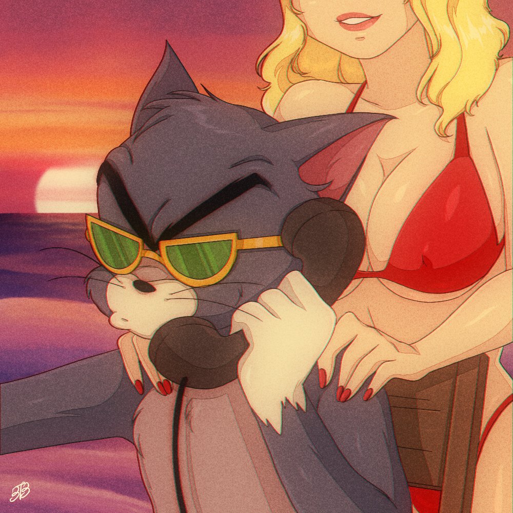 1:1 anthro bikini blonde_hair bluethebone clothing eyewear female frown fur grey_body grey_fur grin hair hands_on_shoulders human male mammal memechihuahua metro-goldwyn-mayer phone red_bikini red_bra red_clothing red_underwear retro scowl smile sunglasses sunset swimwear thomas_cat tom_and_jerry underwear unseen_character vhs_artifacts