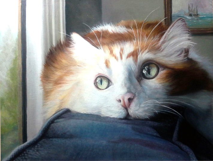ambiguous_gender detailed detailed_background domestic_cat felid feline felis feral fluffy fur green_eyes inner_ear_fluff lying mammal multicolored_body multicolored_fur oil_painting_(artwork) on_front orange_body orange_fur painting painting_(artwork) pink_nose realistic solo suzannemoseley traditional_media_(artwork) tuft two_tone_body two_tone_fur whiskers white_body white_fur window