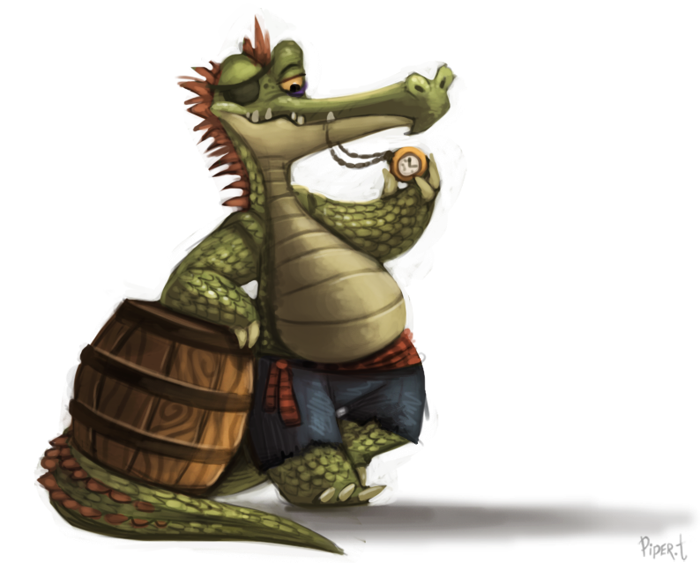 anthro barrel claws clock clothed clothing crocodile crocodilian crocodylid cryptid-creations eye_patch eyewear fangs green_body green_scales male one_eye_obstructed peter_pan pirate pocketwatch reptile scales scalie simple_background solo teeth tick-tock_the_crocodile topless watch white_background yellow_eyes