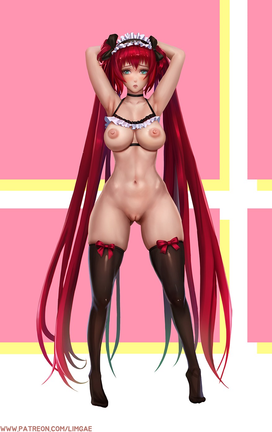 1girl airi_(queen's_blade) armpits arms_behind_head arms_up ass_visible_through_thighs bangs black_bow black_legwear blue_eyes blush bottomless bow bow_legwear bra breasts choker cupless_bra frilled_bra frills hair_bow highres limgae long_hair looking_at_viewer maid_headdress medium_breasts navel nipples pussy queen's_blade red_bow red_hair solo standing thighhighs tiptoes twintails uncensored underwear very_long_hair