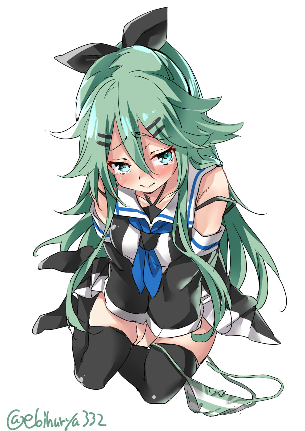 1girl black_legwear blush bow bow_panties breasts closed_mouth commentary_request covering covering_crotch ebifurya eyebrows_visible_through_hair from_above full_body green_eyes green_hair hair_between_eyes hair_bow hair_ornament hairclip highres kantai_collection long_hair looking_at_viewer neckerchief panties panties_removed school_uniform side-tie_panties simple_background sitting small_breasts solo striped striped_panties tearing_up tears thighhighs twitter_username underwear very_long_hair white_background yamakaze_(kantai_collection) yokozuwari