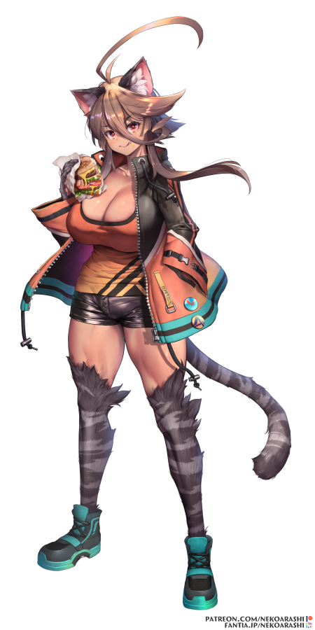 1girl ahoge animal_ear_fluff animal_ears antenna_hair breasts cat_ears cat_paws cat_tail cleavage food full_body fur grey_fur hair_between_eyes hamburger hand_in_pocket huge_ahoge jacket large_breasts long_hair looking_at_viewer open_clothes open_jacket original paws red_eyes shorts smile solo tail white_background yagatake_arashi yana_(nekoarashi)