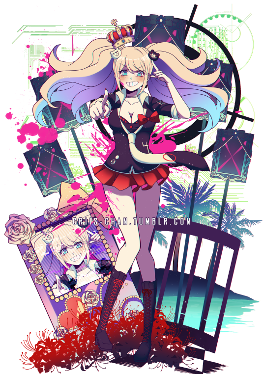 1girl bangs bear_hair_ornament black_shirt blonde_hair blue_eyes blush boots bow breasts cleavage collarbone criis-chan crown danganronpa danganronpa_1 enoshima_junko flower full_body grin hair_ornament hand_up iei large_breasts long_hair looking_at_viewer miniskirt nail_polish necktie pink_blood pink_hair pleated_skirt pointing pointing_at_viewer red_bow red_flower red_skirt school_uniform shirt skirt sleeves_rolled_up smile solo spider_lily standing symbol_commentary teeth tumblr_username twintails white_flower