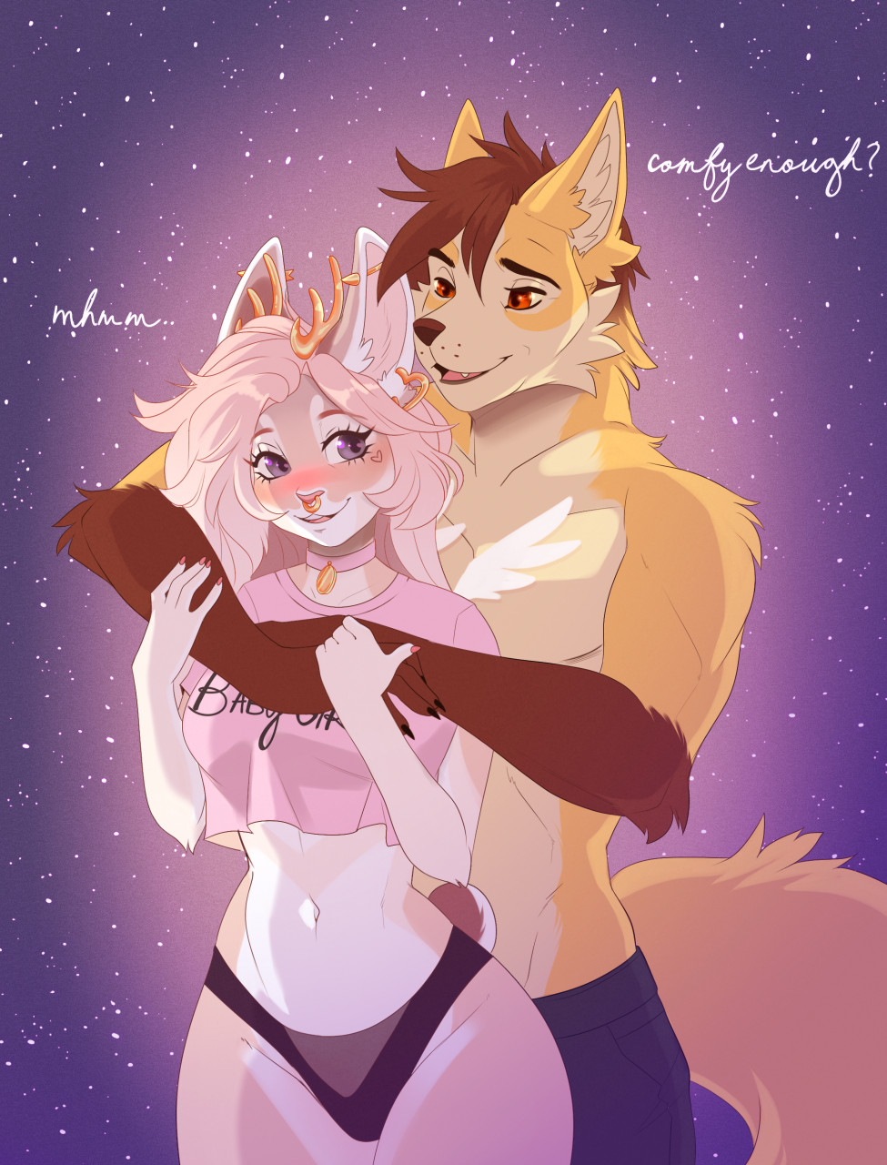 2020 5_fingers aimi anthro breasts brown_body brown_fur canid canine clothed clothing digital_media_(artwork) duo eyebrows eyelashes female fingers fox fur hair hi_res horn jackalope lagomorph mammal open_mouth pink_hair purple_eyes red_eyes smile teeth tongue topless