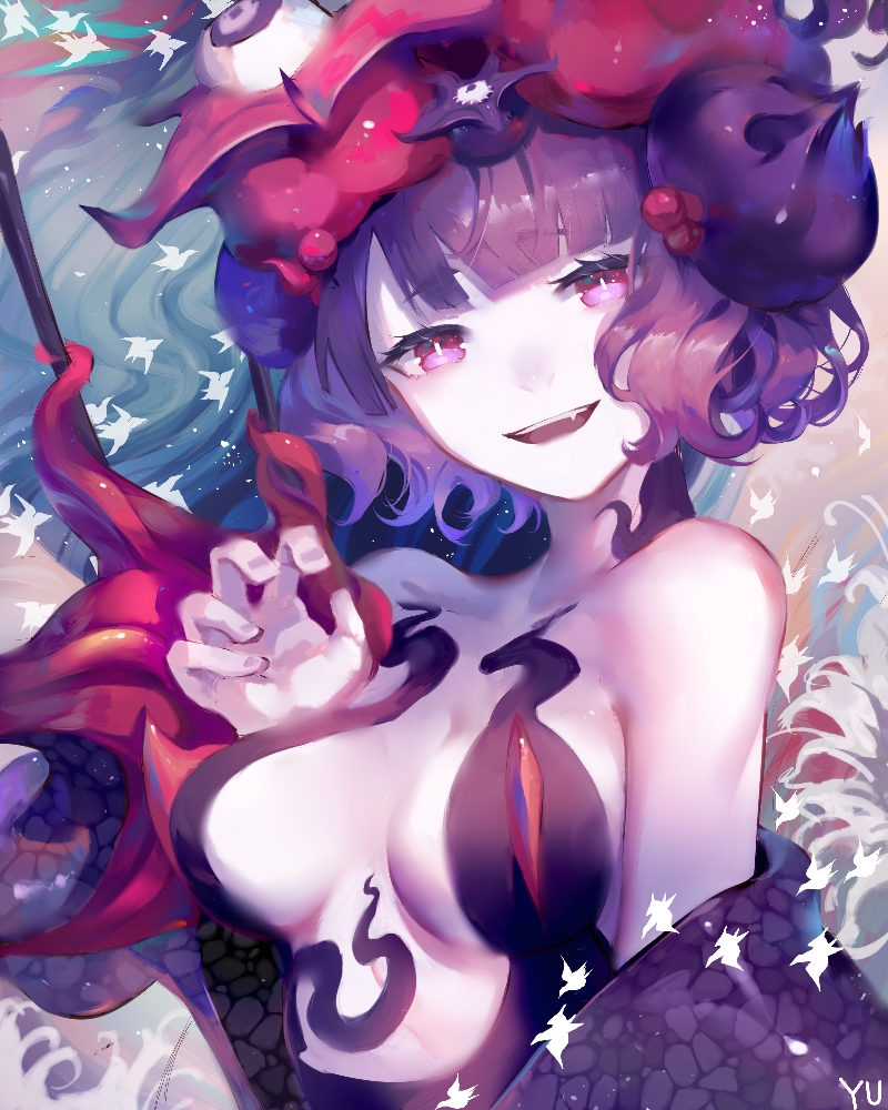 artist_name bangs bare_shoulders blunt_bangs breasts bright_pupils claw_pose cleavage collarbone eyebrows_visible_through_hair fang fate/grand_order fate_(series) hair_ornament head_tilt katsushika_hokusai_(fate/grand_order) looking_at_viewer medium_breasts open_mouth purple_eyes purple_hair qing_yu removing robe short_hair slit_pupils smile tokitarou_(fate/grand_order) upper_body