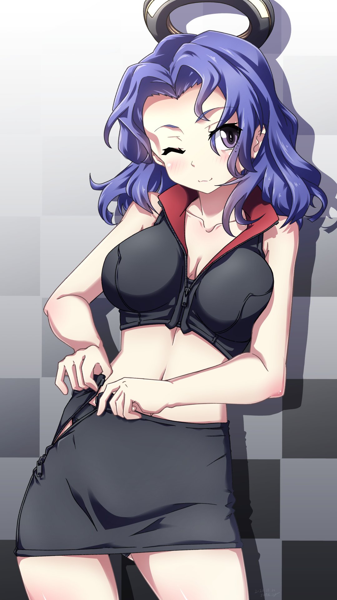 1girl 547th_sy black_panties black_skirt breasts checkered checkered_background cleavage collarbone commentary_request crop_top hair_intakes highres kantai_collection looking_at_viewer mechanical_halo medium_breasts midriff miniskirt one_eye_closed panties purple_eyes purple_hair race_queen remodel_(kantai_collection) short_hair skirt smile solo standing tatsuta_(kantai_collection) underwear unzipping