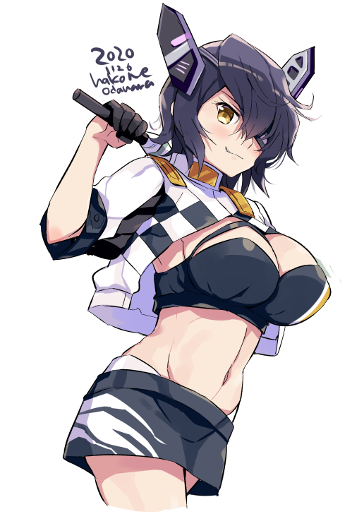 1girl alternate_costume black_gloves black_skirt blush breasts cleavage cropped_jacket cropped_legs dated eyepatch gloves headgear jacket kantai_collection large_breasts navel odawara_hakone purple_hair race_queen short_hair short_sleeves simple_background skirt solo tenryuu_(kantai_collection) twitter_username white_background white_jacket yellow_eyes