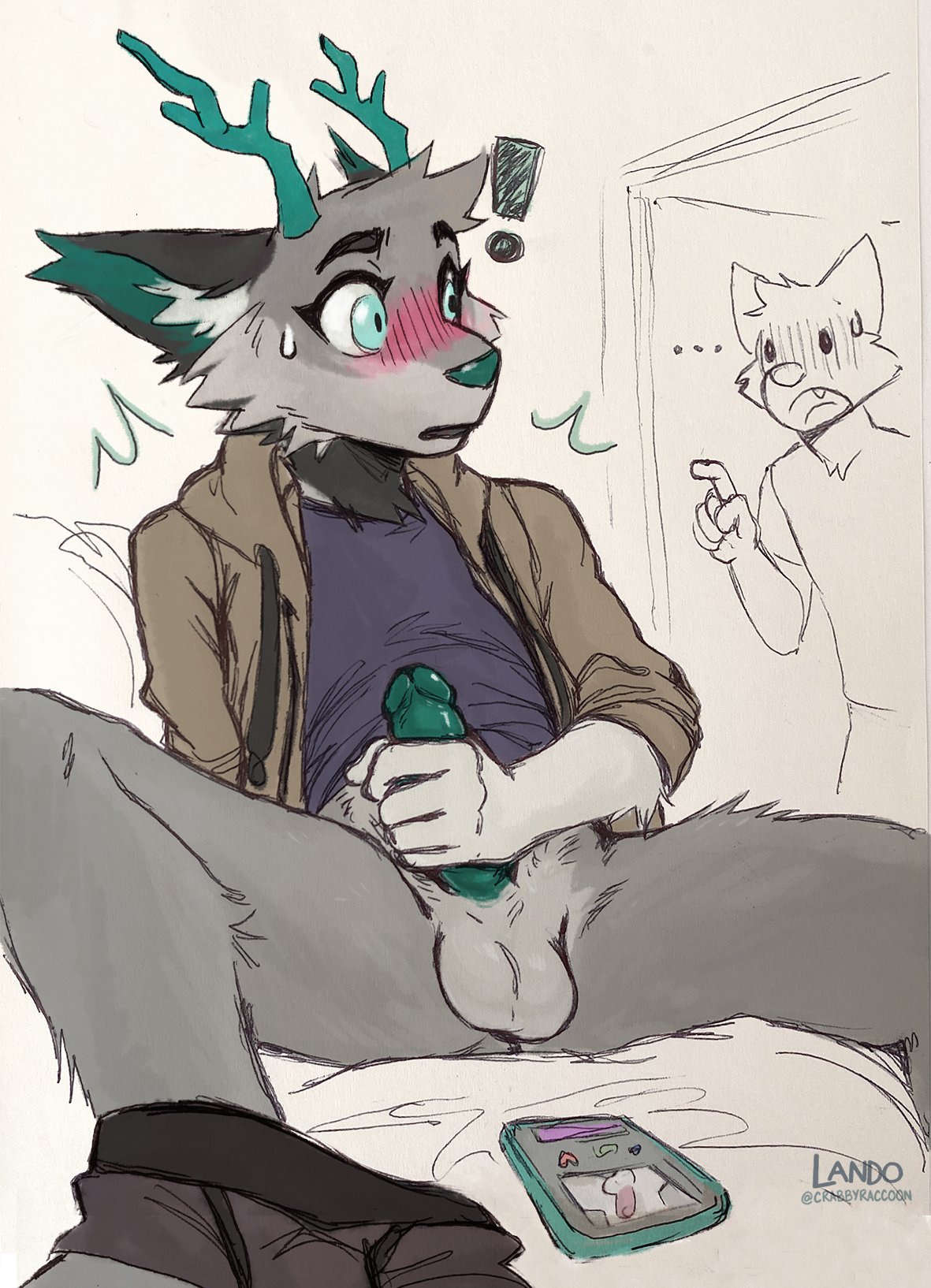 5_fingers anthro antlers balls blush caught cellphone cervid chair clothed clothing crabbyraccoon digital_media_(artwork) erection felid feline fingers fur furniture genitals grey_body grey_fur hair hi_res horn hybrid lynx male mammal masturbation orgest penis phone sicklyhypnos simple_background solo suprised_look teal_eyes underwear white_body white_fur