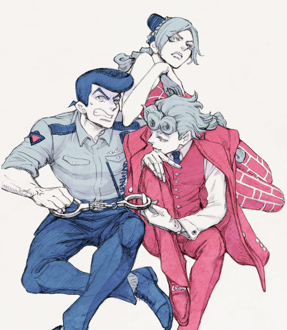 1girl 2boys anger_vein braid cuffs double_bun formal giorno_giovanna gloves handcuffs higashikata_jousuke i_i_kaonasi jojo_no_kimyou_na_bouken kuujou_jolyne leaning_on_person limited_palette looking_at_another multiple_boys older police police_uniform policeman pompadour ponytail simple_background sitting smile suit sweatdrop uniform