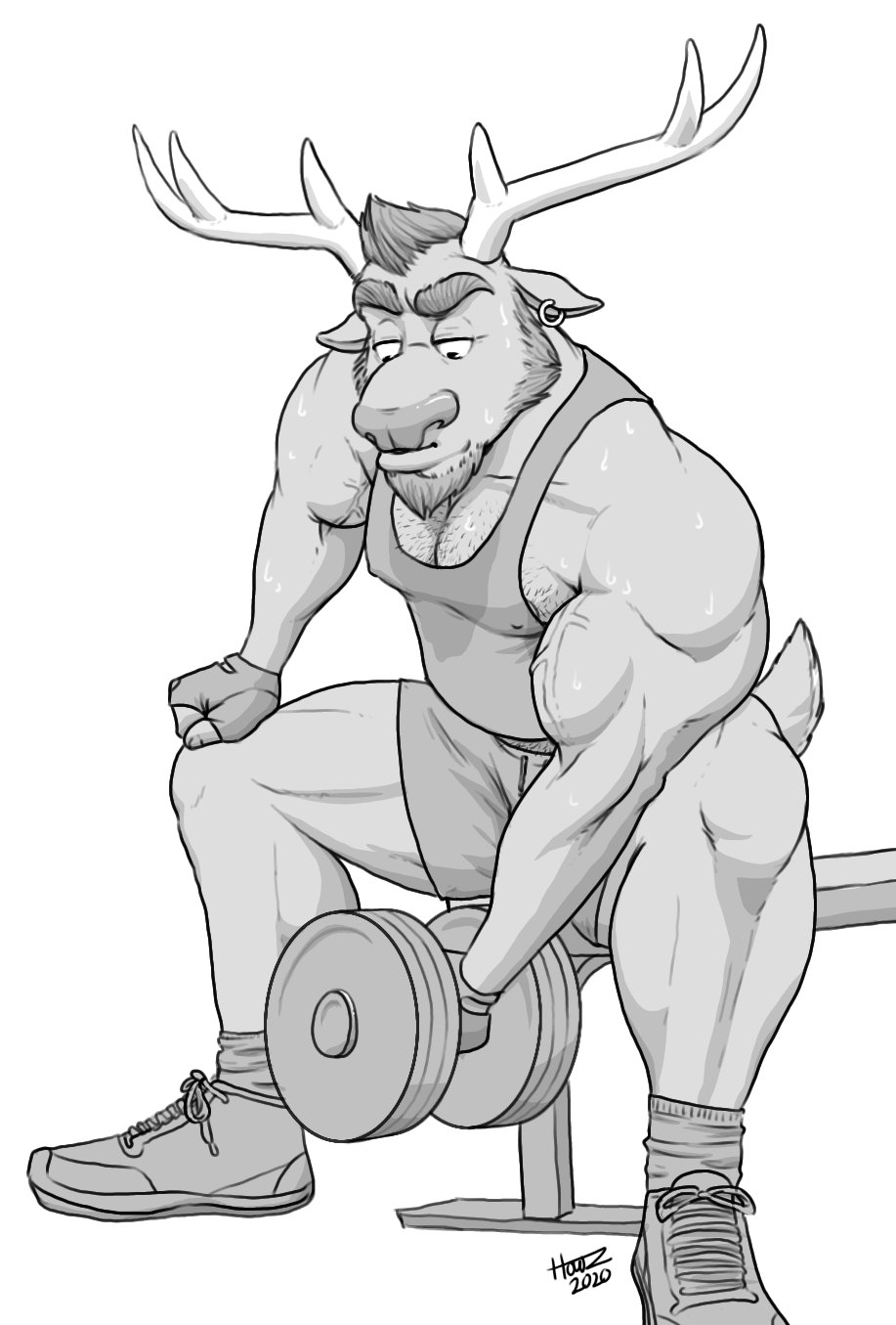 2020 anthro antlers beard bicep_curl biceps bodily_fluids bottomwear cervid clothing dumbbell ear_piercing ear_ring exercise facial_hair fingerless_gloves footwear gloves greyscale hair handwear hi_res horn howz looking_down male mammal monochrome muscular muscular_anthro muscular_male piercing shirt shoes shorts signature simple_background sitting socks solo sweat tank_top topwear vein veiny_muscles weight_bench weightlifting weights white_background workout