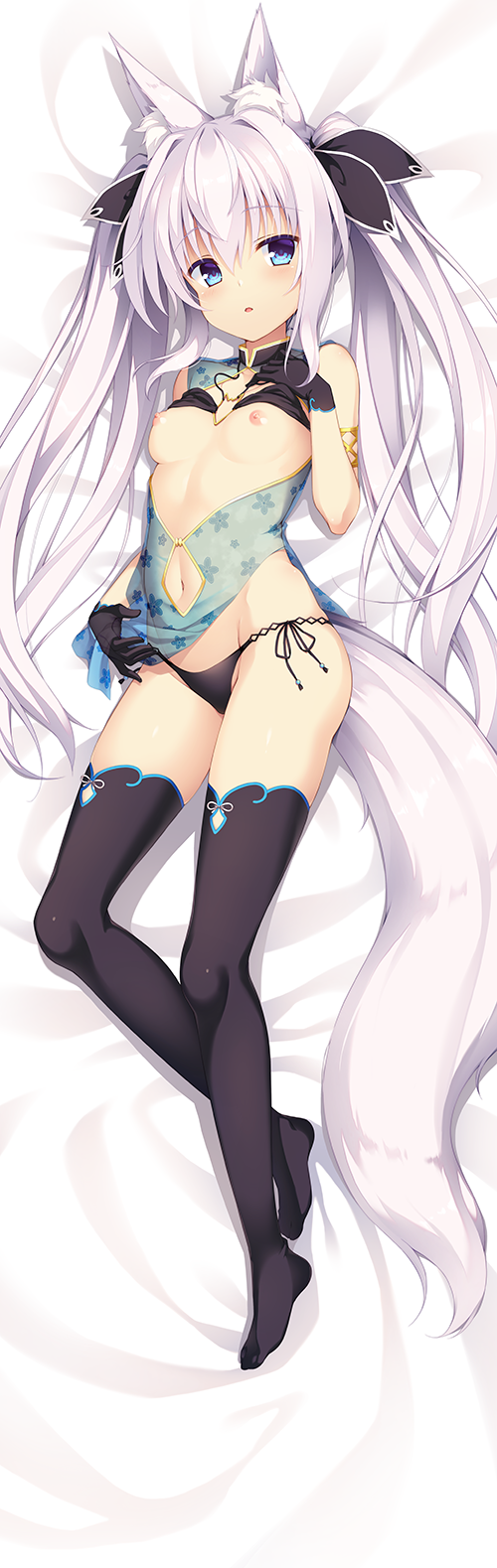 1girl animal_ear_fluff animal_ears armlet black_gloves black_legwear black_panties blue_eyes breasts clothing_cutout dakimakura eyebrows_visible_through_hair fox_ears fox_tail full_body gloves hand_on_own_chest highres light_purple_hair long_hair lying navel navel_cutout nipples on_back original panties parted_lips pelvic_curtain revealing_clothes see-through side-tie_panties small_breasts solo string_panties tail thighhighs twintails underwear very_long_hair yuzu_modoki