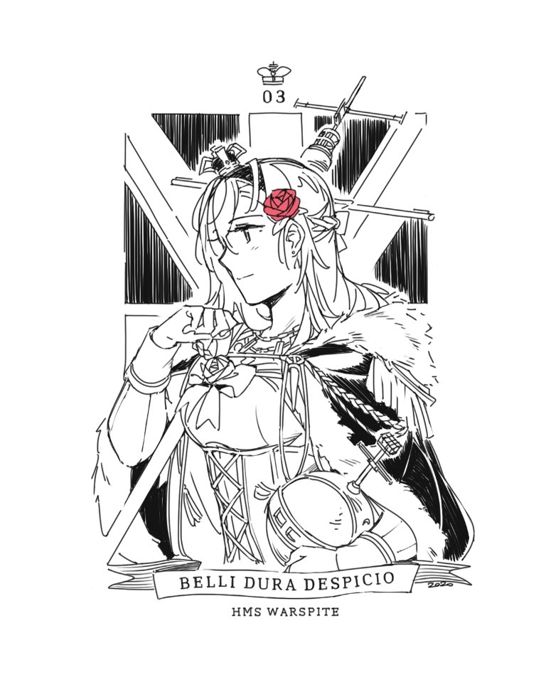 1girl bangs braid breasts cape character_name closed_mouth crown dress flower french_braid fur_trim globus_cruciger greyscale hair_between_eyes hair_flower hair_ornament holding jewelry kantai_collection long_hair long_sleeves mini_crown monochrome necklace profile red_flower red_rose rose scepter solo spot_color union_jack upper_body warspite_(kantai_collection) weidashming