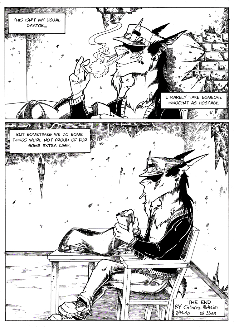 aardwolf anthro belt black_and_white black_clothing black_hair black_jacket black_topwear bottomwear brick_wall chair cigarette cigarette_in_mouth clothed clothing clusterskulls comic comic_page crossed_legs denim denim_clothing duffel_bag ear_piercing ear_ring english_text eyes_hidden fully_clothed furniture hair hyaenid jacket jeans magra_(clusterskulls) male mammal money monochrome mullet pants piercing scar smoke_from_nose solo table text topwear