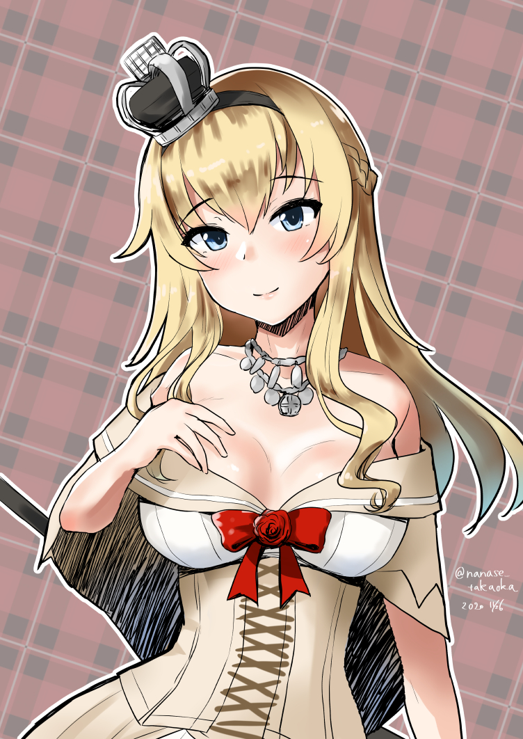 1girl black_hairband blonde_hair blue_eyes braid commentary_request cowboy_shot crown dress flower french_braid hairband jewelry kantai_collection long_hair long_sleeves minase_(takaoka_nanase) mini_crown necklace off-shoulder_dress off_shoulder plaid plaid_background red_flower red_ribbon red_rose ribbon rose smile solo tilted_headwear warspite_(kantai_collection) white_dress